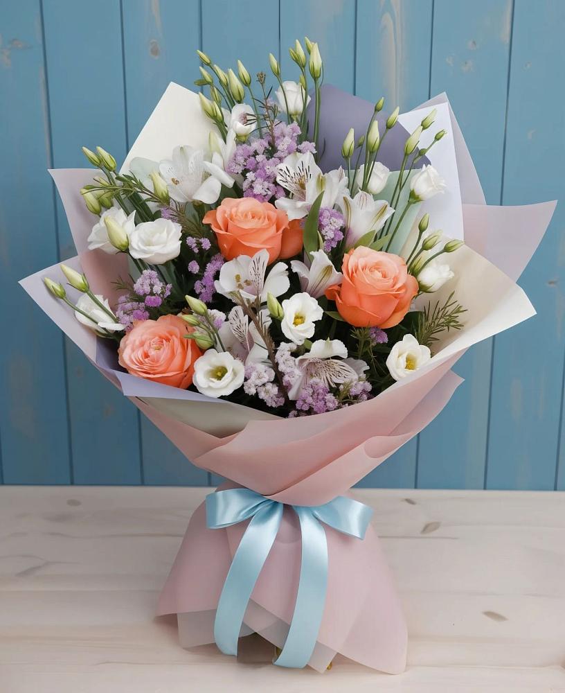 Букет цветов из: Лизиантусы, Розы, Альстромерии и Гипсофила в Бурее