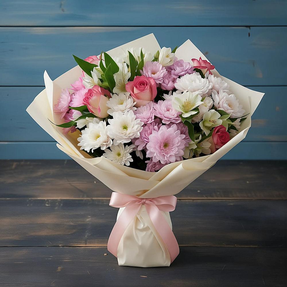 Букет цветов из: Хризантемы, Альстромерии и Розы в Бурее